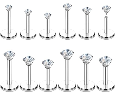 Telooco 12 stycken tragus piercing silver zirkonia helix piercingar kirurgiskt stål näsbult gänga läpppiercing 18 g helix stud piercing män kvinnor stavar plugg tragus piercingsmycken