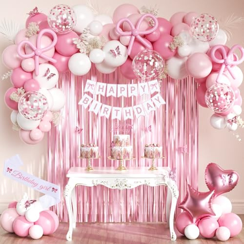Decoraciones de fiesta de cumpleaños con lazo rosa, decoraciones de cumpleaños de coqueta con pancarta de lazo, globos de aluminio rosa metálico blanco perla, banda, cortina de flecos, decoración de