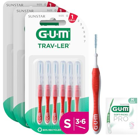 GUM TRAV-LER Scovolini interdentali | manico flessibile | pulizia profonda tra i denti e rimozione della placca | 0.8 mm, ISO 1 | Taglia S | Confezione 3x6 (+ 1 campione omaggio)
