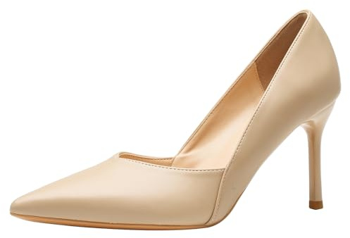 Qynthra Zapatos De Tacón Alto para Mujer Punta Fina De Cuero Stiletto Clásico para Fiesta Noche Trabajo,Nude,36 EU