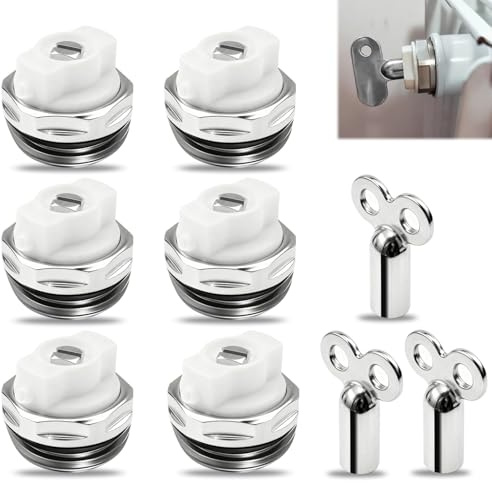 Lot de 6 vannes de purge de radiateur 1/2 en laiton nickelé avec 3 clés de purge – soupape d’aération manuelle pour chauffage central, évacuation d’air radiateur, compatible appartement maison bureau