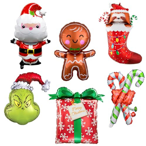 6 PCS Christmas Aluminum foil Balloon, Christmas Balloons Decorations, Xmas Party Decor Supplies, Green Monster Balloons Santa Clause Gift Gingerbread, for Party Supplies Xmas Gifts New Year Birthday