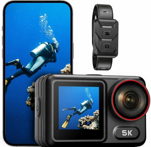 syndesmos Wasserdicht Action Cam 5K 30FPS, Dual-Touchscreen, 64MP Ultra HD-Unterwasserkamera, EIS Anti-Shake Outdoor Vlog Kamera, IMX386 12MP Sensor, 1350 mAh, Fernbedienung und Kit