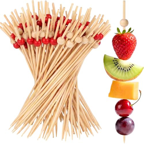 ITCGOB 200 Piezas Palillos para Gildas y Aperitivos, Brochetas de Bambú con Perlas Rojas y Naturales, Palitos de Madera para Cócteles, Frutas y Tapas, Pinchos Desechables para Fiestas y Eventos