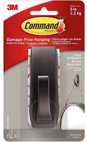 Command Large Modern Reflections Metal Hook, Holds up to 5 lb, Oil Rubbed Bronze, 1 Wall Hook with 2 Strips, Damage-Free Hanging Hooks for Hanging Decorations in Living Spaces