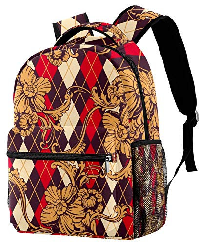 Lorvies Rucksack, goldene Blumen, Argyle-Muster, Barock-Ornament, lässiger Rucksack, Schulterrucksack, Büchertasche für Schule, Studenten, Reisetaschen