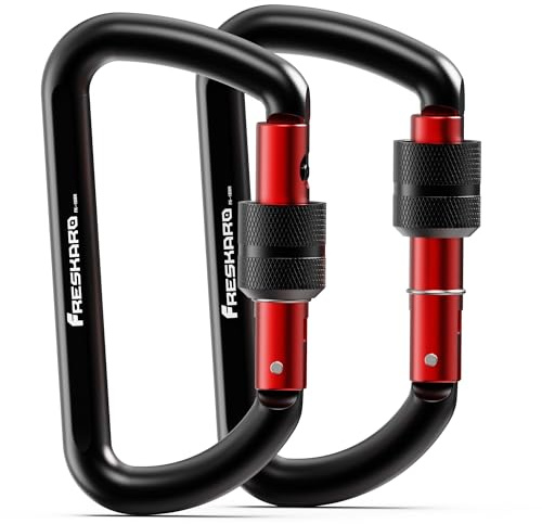 FresKaro Carabiner Clip, Locking and Small, Heavy Duty Carbineers, Key and Keychain Clips, Black Karabiner 3inch, Aluminum, D-Ring, for Belt, Hammock, Weight Bearing, Hiking, Dog Crate, 2Pack