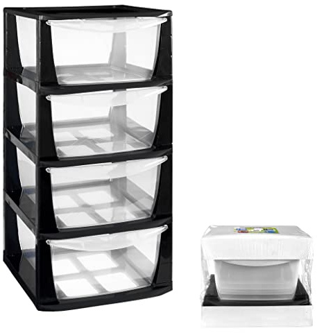 COM-FORT HOUSE Cajonera de Plástico Apilable para Almacenaje- Cajonera Desmontada - Big - Negro - 400x385x760 - Modelo 4 cajones