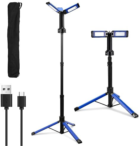 Ikodm Baustrahler LED mit Stativ, Kabellose Arbeitsleuchte mit 360° Dreifache Lichtköpfe Drehbar, Wiederaufladbare mit 8000mAh Batterie, Höhenverstellbar Stativ Flutlicht, 700-2200LM, 4000-6500K