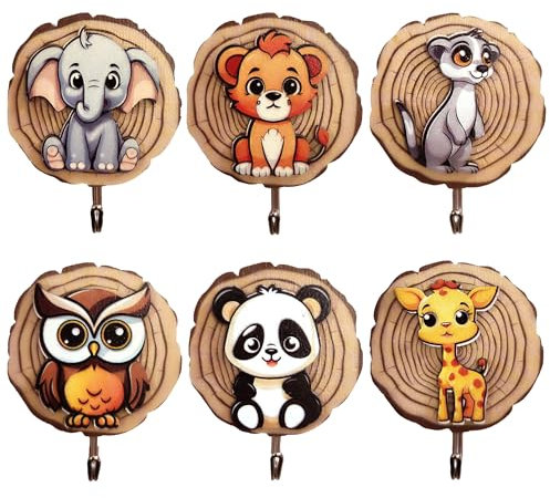 Yezirzax 6 Stück Kindergarderobe, Kleiderhaken für Kinder in Tierform, Selbstklebender Haken, Wandhaken Holz Ohne Bohren, Garderoben Kinderzimmer Deco Geschenk