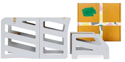 WECO Montessori Kinder Lernturm 3 in 1 Streifen Design mit Rutsche und Tritthocker FSC Zertifikat Schreibtisch Montessori Möbel Küchenhelfer klappbar Stylisch Lernturm (Grau)