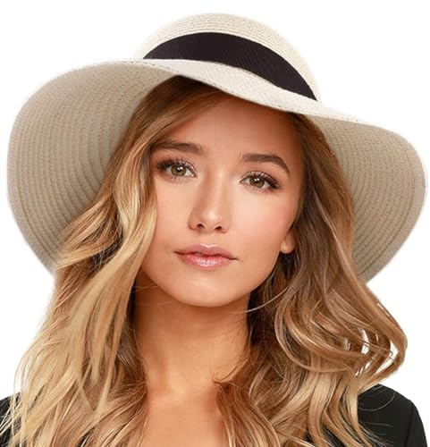 FURTALK Womens Beach Sun Straw Hat Floppy UPF80+ Travel Foldable Brim Summer UV Hat