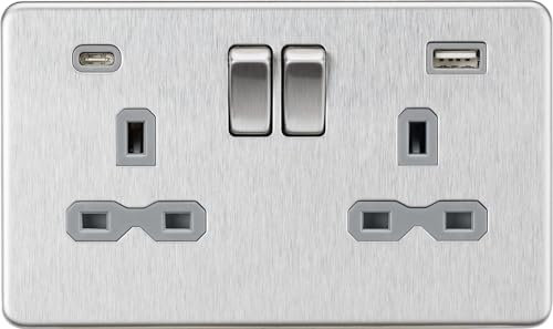 13A 2G SP Switched Socket with Dual USB A+C (5V DC 4.0A shared) - Brushed Chrome with Grey Insert