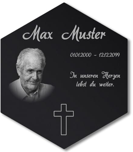 Paule Black Personalisierter Sechseck Grabschmuck mit Foto Gravur - Acrylglas Schwarz Hochglanz 260 x 300 mm - wetterfest und wasserfest für Draußen und Innen, für Opa, Oma, Mama, Papa und Verstorbene