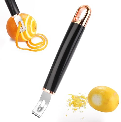 Couteau Éplucheur, Acier Inoxydable 2 en 1 Éplucheur de Citron Zesteur avec Boucle de Suspension Or Rose Tranchant Garniture de Cocktail Zesteur d'Agrumes pour la Maison la Cuisine le Bar