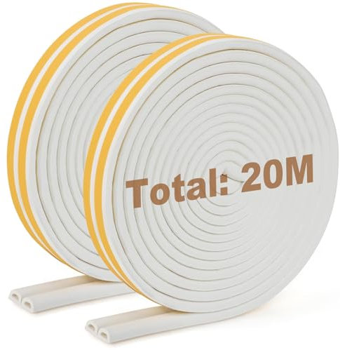 Inwee Draught Excluder Tape for Door Window, Weather Stripping Tape, Window Insulation, 20M Self-Adhesive Foam Sealing Strip Type D Against Cold Draught/Soundproof/Anti-Collision/Dustproof, White