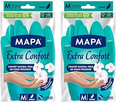 Mapa - Extra Confort - Gants de Ménage en Latex Doublure Textile 100% Coton - Confortables et Résistants pour un usage prolongé - 1 paire - Taille M (Lot de 2)