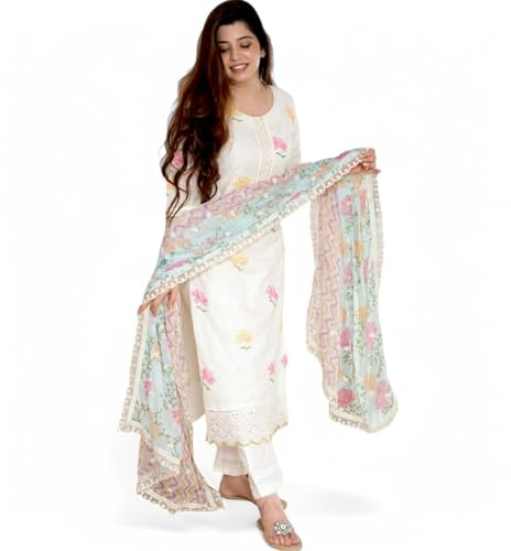 RangMahal - Set kurti indiano da donna in cotone con kurti con stampa a mano, pantaloni e mulmul, bianco sporco, XL