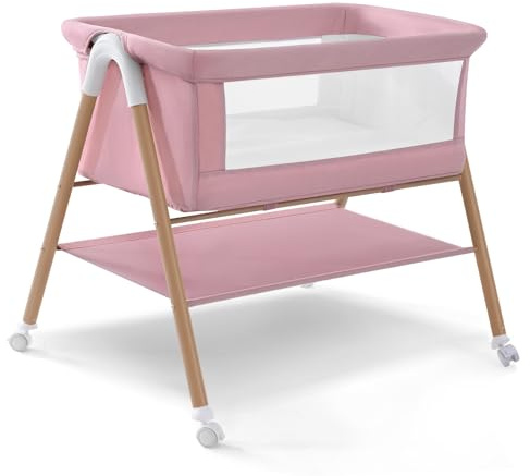 Beistellbett Baby, Tragbar kinderbett mit Matratze für Baby Bett mit Rollen, Kinderreisebett Moskitonetz Aufbewahrung für Säugling Neugeborenes Leichtes und atmungsaktives Maschen-Design Rosa