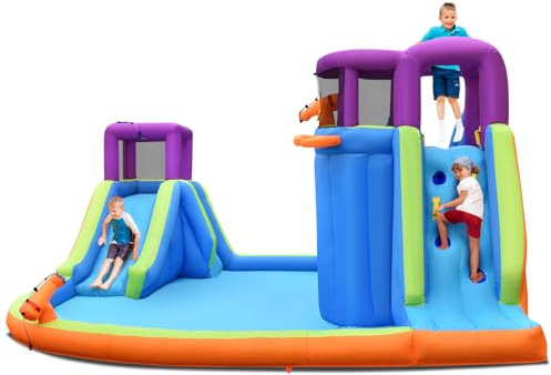 GOPLUS Castillo Hinchable Infantil, Parque Acuático Inflable con Tobogán Doble, Pistola de Agua, Pared de Escalada, Aro de Baloncesto, Pelota, Centro de Actividades de Exterior con Piscina para Niños