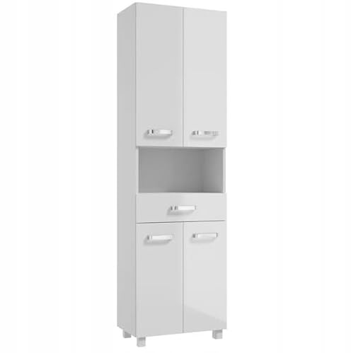 .Deftrans - Armoire Haute de Salle de Bain, 170 x 50 cm, Blanc Brillant, étroite, avec 5 étagères et tiroir, Armoire de Salle de Bain Moderne Haute pour Petites salles de Bains