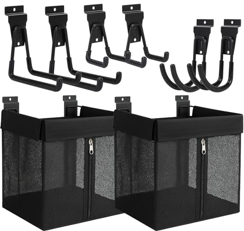 RWFMO 2 Pcs Large Slatwall Baskets with Zipper 41 x 38 x 28cm, 6 Pcs Heavy Duty Slat Wall Hooks, Slatwall Accessories Set Garage Slatwall Organiser for Tools Balls Gym Equipment Retail Display