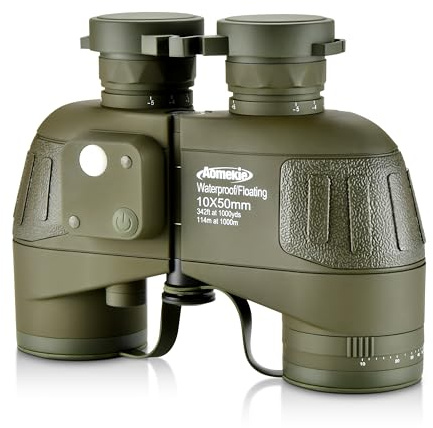 Aomekie Prismáticos Marinos 10X50 BAK4 Prismáticos Militares de Navegación de Uso Militar para Navegación Canotaje Pesca Deportes Acuáticos (Verde)