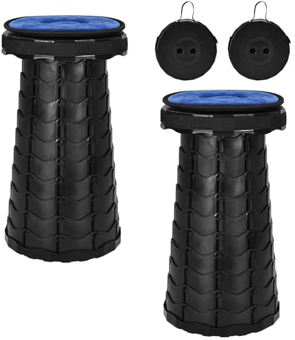 FXKS Paquete de 2 taburetes plegables mejorados con cojín, taburete plegable retráctil, capacidad de carga máxima de 400 libras, taburetes telescópicos portátiles para camping, senderismo, barbacoa al
