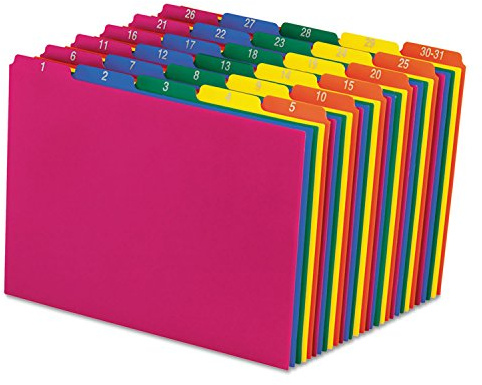 Pendaflex 40143 Top Tab File Guides, Daily/1-31, 1/5 Tab, Polypropylene, Letter (Set of 31), Blue, Green, Magenta, Strawberry, Yellow