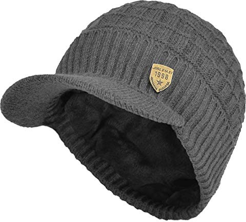 Yixda Vintermössa för män med skärm, varm stickad beanie-keps med fleecefoder, GRÅ, En Storlek