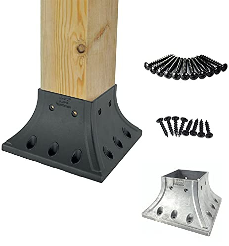 Myard 4x4 (Actual 3.5x3.5) Inches Aluminum Deck Post Base Furniture Cover Flange with Screws for Decking Patio Railing Handrail Fence Anchor (Qty 4, Black)