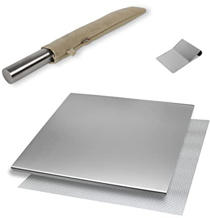 INOXLM - Caja de 3 tablas de cortar + tarot + espátula + rodillo con funda de tela beige | Superficie de trabajo de acero inoxidable - Varios tamaños para cocina, bar, restaurante | (30 x 50 cm)