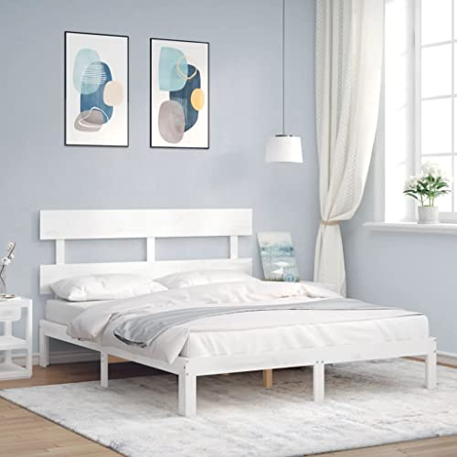 vidaXL Estructura de Cama con cabecero Madera Maciza Blanco 160x200 cm, Cama, Muebles de Dormitorio, Cama Madera, Cama de Matrimonio