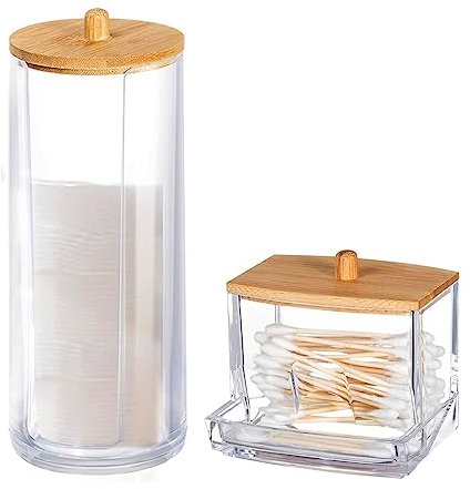 JAWAI 3 Pezzi Dispenser per Tamponi di Cotone, Porta Dispenser Scatola Tamponi Cotone, Porta Cotton Fioc e Dischetti con Coperchio Bambù, per Batuffoli Cotone, Cosmetici, Trucco Organizzatore