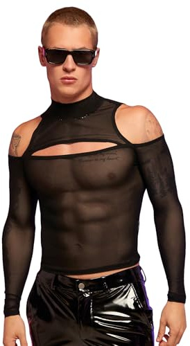 WDIRARA Men's Cut Out Front Mesh Sheer Mock Neck Long Sleeve Bodycon Party Blouse Tops Black M