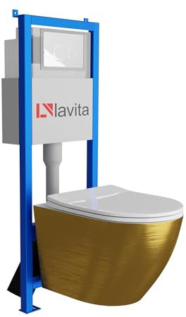 Lavita LAV 101 Élément mural pour WC 40 cm + évier mural suspendu Sofi Slim or brossé sans bord + panneau de commande LAV 200.4.1 blanc | Kit complet | Réservoir de chasse encastré | WC complet
