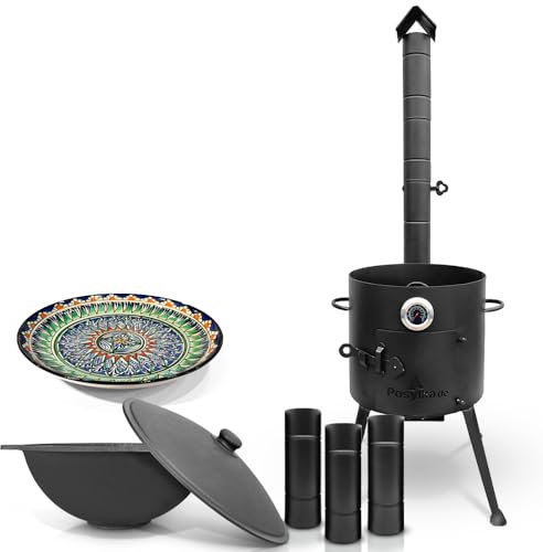 Horno de fuego de 36 cm de diámetro con termómetro y extensión de chimenea, olla de hierro fundido, base plana con tapa Ø 36,7 cm (10 L), Lagan Ø 32 cm KazanoFF, Учаг, Kazan, Gulash Cañón (Set 1)