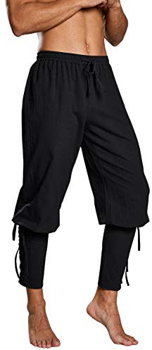 Runcati Men's Medieval Pirate Trousers Cosplay Costume Lace-Up Trousers Renaissance Viking Steampunk Leisure Pants, Black, M