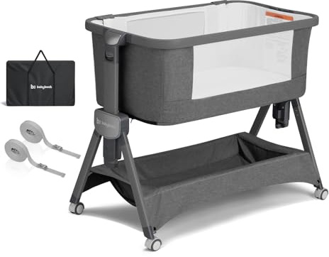 babyboat Beistellbett Baby 3 in1 Tragbar Babybett mit Rollen Verstellbarer Kinderreisebett mit Matratze und Tasche Grau Stubenwagen für 0-6 Monate Baby