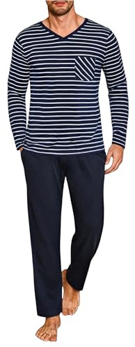 Demegimi Pigiama Uomo Lungo in Cotone Completo Due Pezzi Invernale con Maglia a Righe e Scollo a V Pantaloni con Tasche e Coulisse, Set Notte Caldo e Traspirante