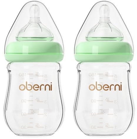 Oberni Anti-Colic Glass Baby Bottles with Slow Flow Breast-Like Silicone Teat, 150ml, 0+ Months, Wide-Neck, Green/2Pack