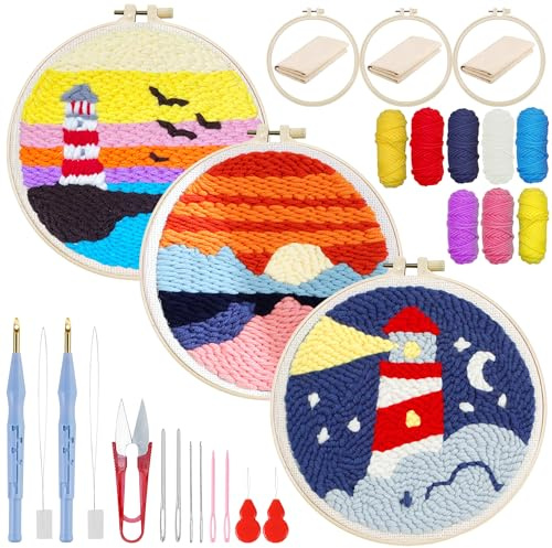 Woohome Punch Needle Kit, broderikit med nål, instruktion, broderiverktyg för nybörjare för vuxna nybörjare (fyr och solnedgång)