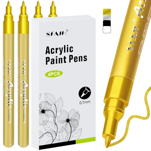 SFAIH Gold Paint Markers Pens - 4 Pack 0.7MM Fine Tip Metallic Acrylic Markers for Rock Painting, Wood, Metal, Fabric, Plastic, Canvas, Glass, Ceramic, Diy Crafts, Drawing, Tire