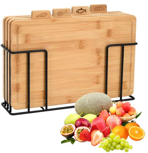 4-Piece Bamboo Chopping Board Set with Iron Stand, 32x25cm Durable Wooden Cutting Boards Kitchen Accessories| Index Boards for Meat, Vegetables, Fruit & Fish| Ideal for Carving, Slicing & Food Prep