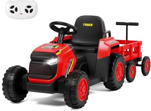 H.yeed Kids Ride on Tractor and Trailer Aged 3-6, 12V Battery Powered Electric Toy Car with Remote Control, Bluetooth Music, LED Lights & USB for Boys, Girls (Red)