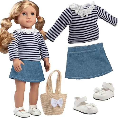 Dress Along Dolly Casual Spring Preppy Doll Outfit for 18 Dolls - Compatible w American Girl- Premium Handmade Clothes -4 Pc Set Includes Shirt, Skirt, Shoes, & Purse for Girls