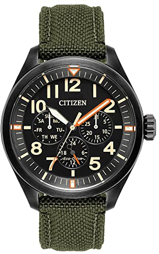 Citizen Men's Eco-Drive Weekender Garrison Field Watch, in Stainless Steel with Olive Green Nylon Strap, Black Dial (Model: BU2055-16E)