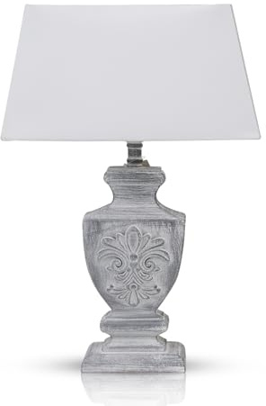 DRULINE Vintage Tischlampe im Landhausstil, Shabby Chic Nachttischleuchte mit Grauen Holzfuß und Lampenschirm, 1 x E27, Maße 37 x 53 x 17 cm – Ideal für Nostalgie- und Dekorliebhaber