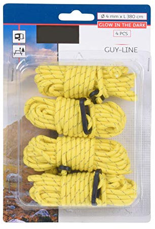Zeltseil Leuchtend gelb im praktischen 4er Set - Länge 380 cm - Abspannseil Camping Leine Spannseil reflektierend Abspannleine