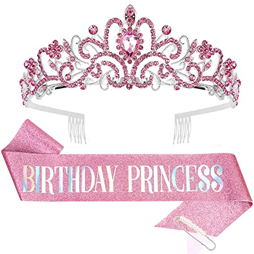 CIEHER Princess Crown and Birthday Sash Set, Pink Tiara for Women, Birthday Decorations for Girls, Gifts